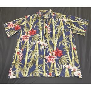 Vintage Hilo Hattie Hawaiin Shirt Men’s XL Navy Blue Bamboo Floral Print